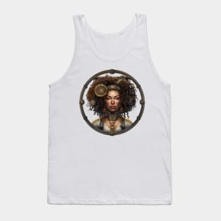 Steampunk Beauty: A Stunning Brown Woman in Gear-Adorned Afro Tank Top